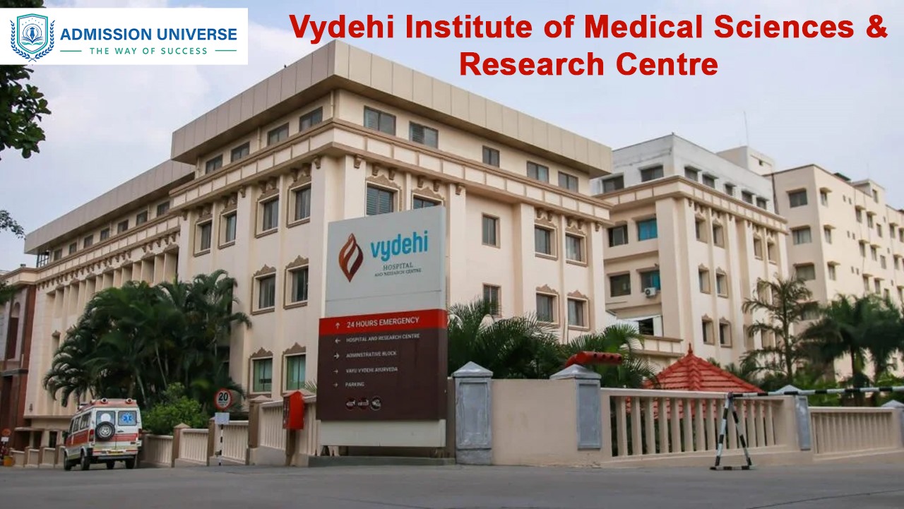 Modern campus of Vydehi Institute with green lawns and modern architecture buildings in Bangalore, India